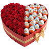 Коробка в виде сердца с красными розами и киндер сюрпризом «Сладко and Красиво»